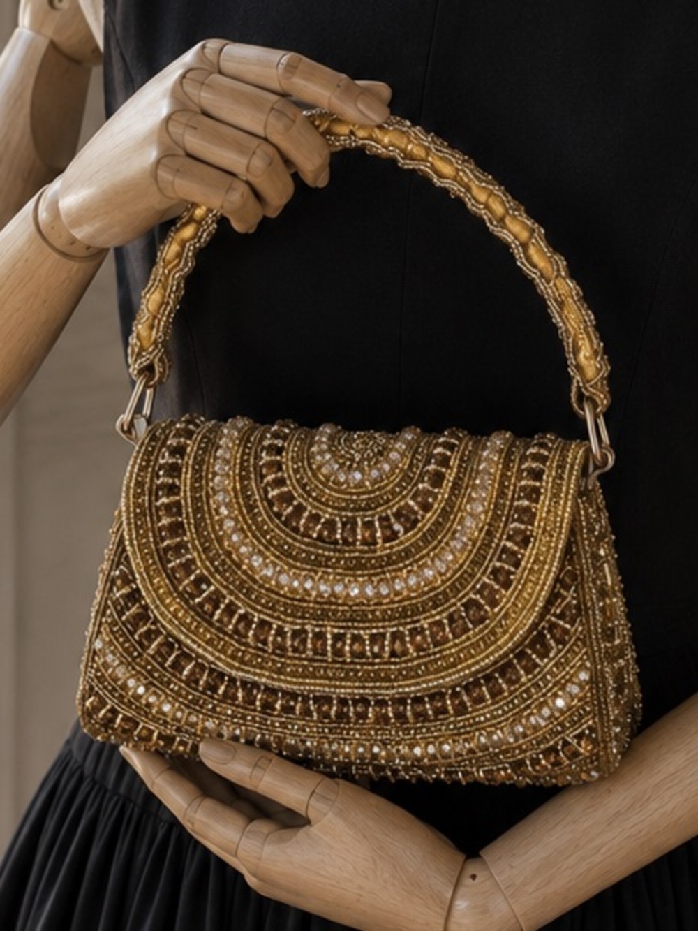 Handmade Golden Pearls and Beaded Party Clutch Bag- Brand New
